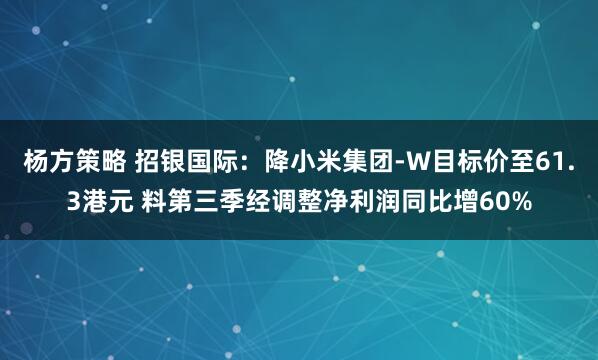 杨方策略 招银国际:降小米集团-W目标价至61.3港元 料第三季经调整净利润同比增60%